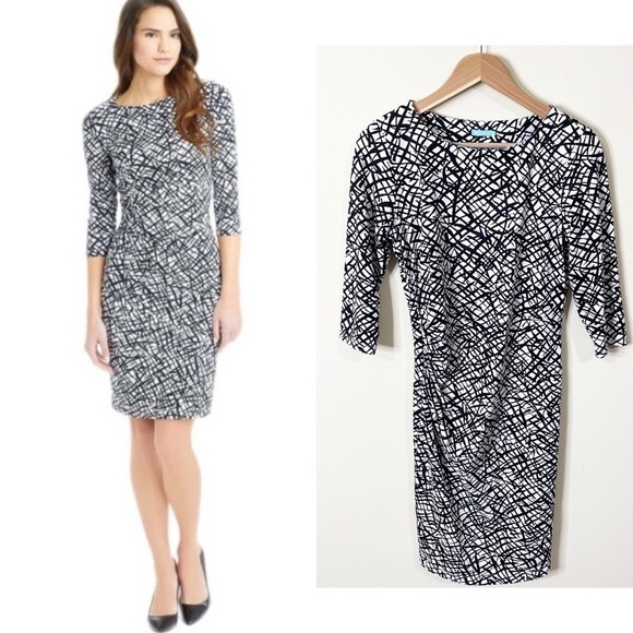 J. McLaughlin Dresses & Skirts - J. McLaughlin Black White Marble Print 3/4 Sleeves Ruched Sage Dress Small